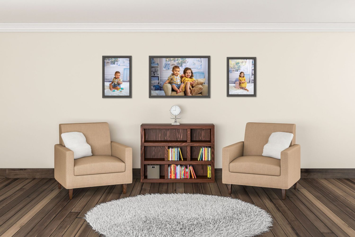 3 large photograph collection printed in living room
