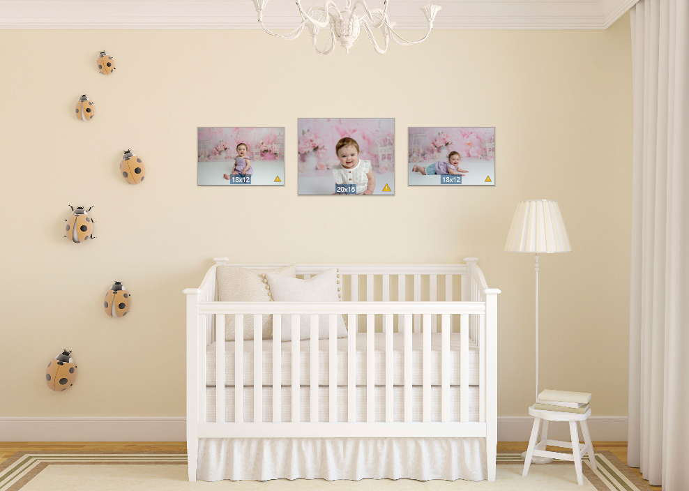 Photo collection displayed in baby's room